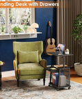 Height Adjustable Standing Desk On Wheels With Drawer And Storage, Rolling Laptop Desk beside green armchair in cozy room