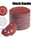 Grab These Badass 5 Inch Sanding Discs With Hook Loop Back For Random Orbital Sanders featuring stacked red discs with 8 holes.