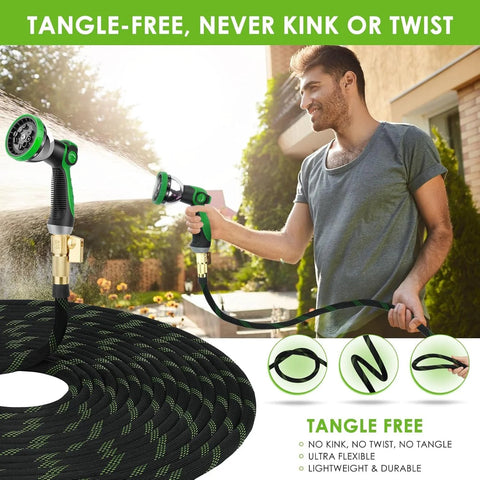 Front view of garden hose, 100 ft, black-green braided fabric with brass fittings and 10-pattern nozzle.