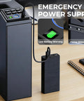 Grab That Biometric Slider Safe With Four Fast Unlocks, Wall Mountable Vault For Nightstand, Desk, Or Daily Ride, Rock Solid Home Defense Lock Box Keeping Your Valuables Locked Down Tight, showing emergency power supply connection.