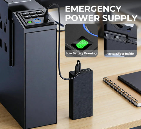 Grab That Biometric Slider Safe With Four Fast Unlocks, Wall Mountable Vault For Nightstand, Desk, Or Daily Ride, Rock Solid Home Defense Lock Box Keeping Your Valuables Locked Down Tight, showing emergency power supply connection.