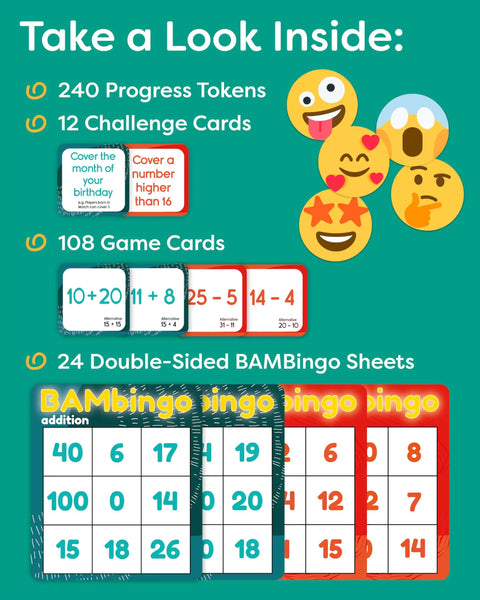 Contents of Addition And Subtraction Math Bingo Game For 1st Through 3rd Grade Kids Classroom Or Homeschool Learning 2 In 1 Flash Cards And Bingo Fun To Crush Basic Facts including progress tokens, challenge cards, game cards, and BAMbingo sheets shown.