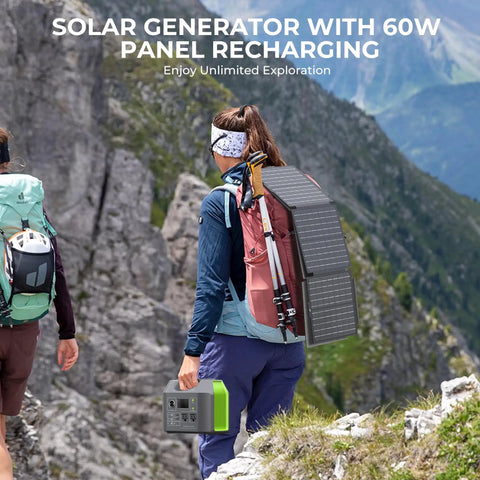 Hiker carrying the On The Go Portable Solar Generator 300W Power Station with Foldable 60W Solar Panel in mountain scenery.