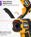 Infrared Non-Contact Thermometer with 12:1 Distance to Spot, showing battery compartment and laser sensor
