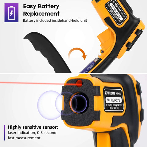 Infrared Non-Contact Thermometer with 12:1 Distance to Spot, showing battery compartment and laser sensor