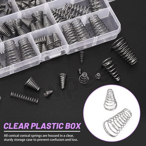 Stainless steel conical and compression springs set, 123 pcs, 10 sizes, top view in clear plastic box