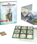 Dungeon Master Screen Wilderness Kit For Tough Outdoor Campaigns with reference tables, maps, and condition cards displayed.