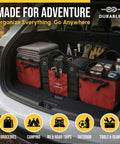 Big XL Trunk Organizer With Four-Section Modular System For Extra Large Car Cargo Storage Foldable Multi-Compartment Bin For Groceries Gear And Travel High-Density Construction In Red shown in SUV trunk with camping gear