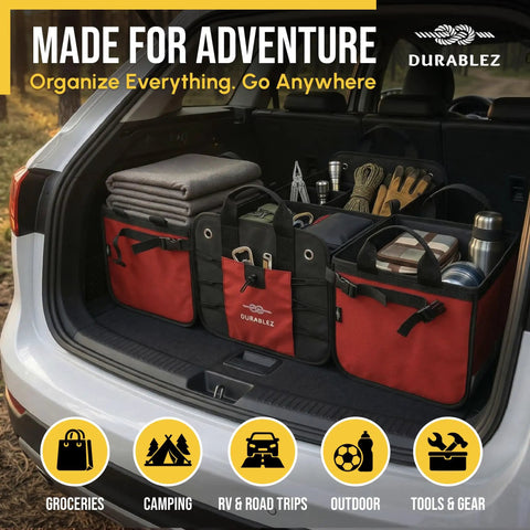 Big XL Trunk Organizer With Four-Section Modular System For Extra Large Car Cargo Storage Foldable Multi-Compartment Bin For Groceries Gear And Travel High-Density Construction In Red shown in SUV trunk with camping gear