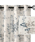 Close-up of 84 Inch Long Semi Sheer Linen Curtains With Vintage Floral Print, Two Panels Grommet Window Treatments, Bluestone and Taupe.