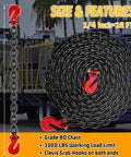 Quarter Inch G80 Tow Chain With G70 Clevis Grab Hook, 16 Foot Heavy Duty Safety Chain for Towing, coiled with hooks