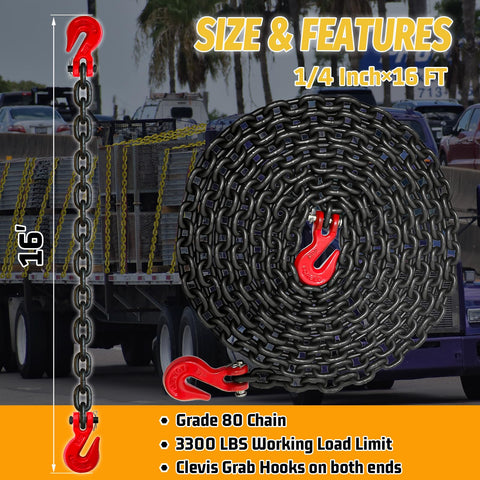 Quarter Inch G80 Tow Chain With G70 Clevis Grab Hook, 16 Foot Heavy Duty Safety Chain for Towing, coiled with hooks