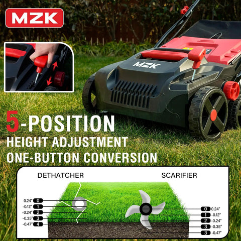 15-Inch 2-In-1 Electric Dethatcher And Scarifier With Removable 5-Position Height, Red Lawn Dethatcher on grass