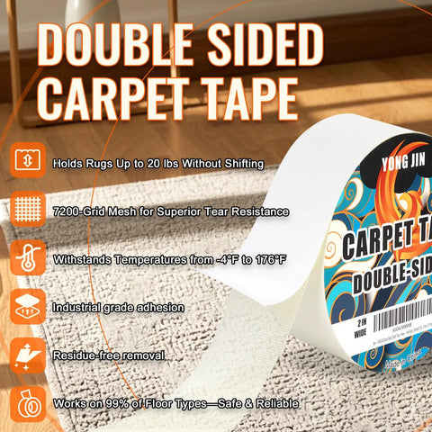 Heavy Duty Double Sided Carpet Tape With Reinforced Grid For Ultra Strong Hold On Hardwood Floors Tile Laminate And Concrete No Damage Rug Gripper Stays Put Up To 20 Lbs Per Sq Ft Pet Friendly Easy To Remove showing roll and label
