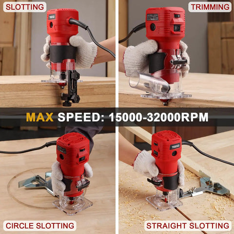 Beast 650W 110V Wood Router for DIY projects compact handheld tool with 15000 to 32000 RPM shown in different slotting modes