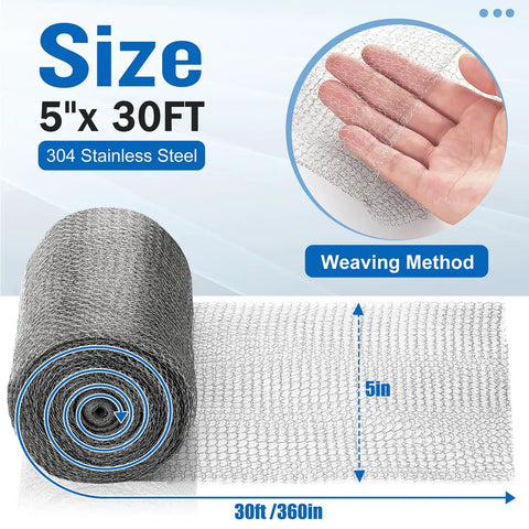 Flexible Stainless Steel Wool Roll For Gap Blocking 5 Inch By 30 Foot, Rust Resistant Mesh, hand showing weaving