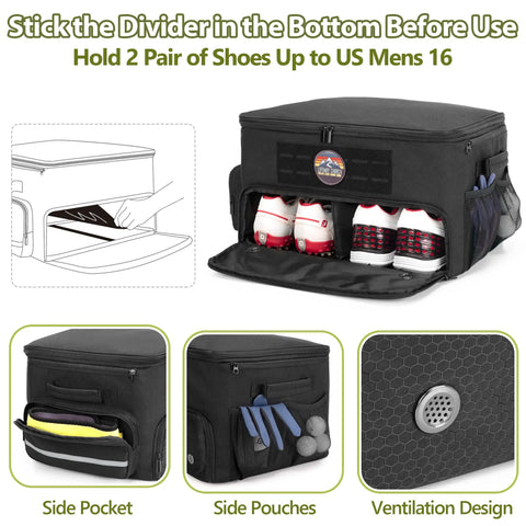 Heavy Duty Golf Trunk Organizer With Ventilated Shoe Compartment For Two Pairs Of Shoes Up To US Mens 16, Black with multiple pockets.