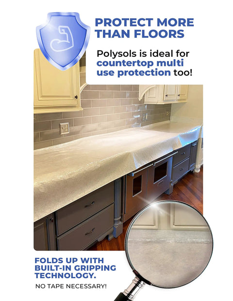 Temporary Floor Protection For Construction 39.5 Inch By 100 Foot Self Adhesive No Tape Required Easy To Install Reusable Floor Covering Paint Proof DIY Projects 329 Square Feet Of Coverage on countertop with grip technology magnified.