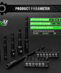 All In One Magnetic Nut Driver Set With 65mm And 48mm Magnetic Drivers, One Quarter Inch Hex Shank, Impact Socket Adapters, Snappy Driver Bits, Drill Bit Extensions, And 14 Pc Screwdriver Bit Kit For Heavy Duty Projects Built Like A Beast displayed on a black background highlighting product parameters.