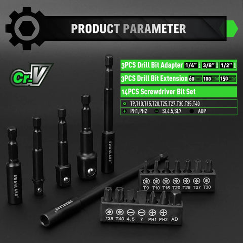 All In One Magnetic Nut Driver Set With 65mm And 48mm Magnetic Drivers, One Quarter Inch Hex Shank, Impact Socket Adapters, Snappy Driver Bits, Drill Bit Extensions, And 14 Pc Screwdriver Bit Kit For Heavy Duty Projects Built Like A Beast displayed on a black background highlighting product parameters.