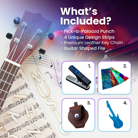 DIY Guitar Pick Punch Gift Kit With Leather Key Chain Holder, featuring punch, design strips, leather holder, and guitar file