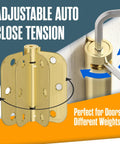 Self Closing Door Hinges With Spring Loaded Auto Close Brass 3.5 Inch Radius Five Eighths Inch Adjustable Tension