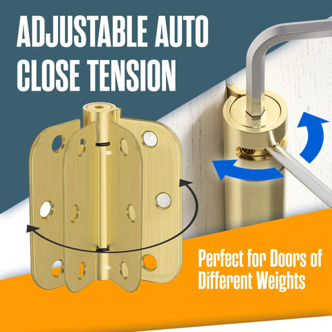 Self Closing Door Hinges With Spring Loaded Auto Close Brass 3.5 Inch Radius Five Eighths Inch Adjustable Tension