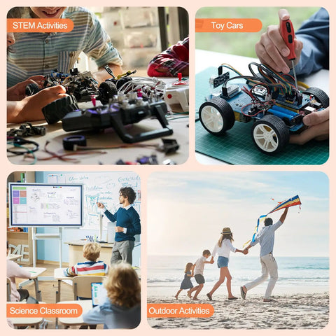 Collage of STEM activities with toy cars, family with kite, and science classroom