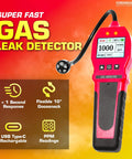 Front view of pink handheld gas leak detector with flexible gooseneck probe and digital display showing 1000 ppm