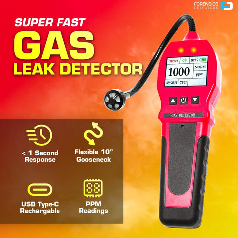 Front view of pink handheld gas leak detector with flexible gooseneck probe and digital display showing 1000 ppm