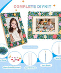 Mosaic Photo Frame Kit For Kids With Glass Pebbles, Hands On Arts And Crafts Activity, Decorate Your Own Picture Frame, shown with flowers
