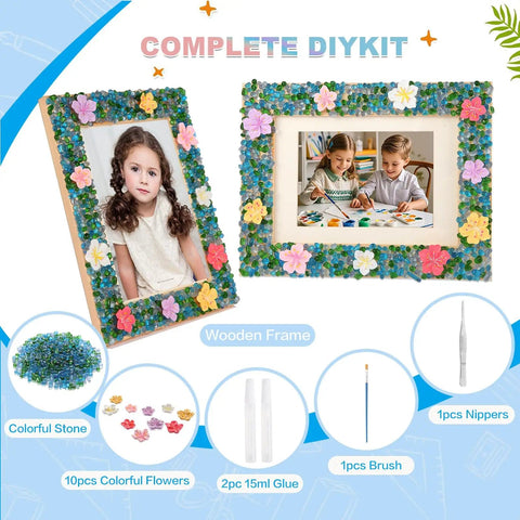 Mosaic Photo Frame Kit For Kids With Glass Pebbles, Hands On Arts And Crafts Activity, Decorate Your Own Picture Frame, shown with flowers