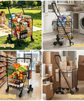 All Terrain Grocery Cart With 360 Degree Swivel Wheels And Stair Climber in various uses: camping, laundry, shopping, transport.