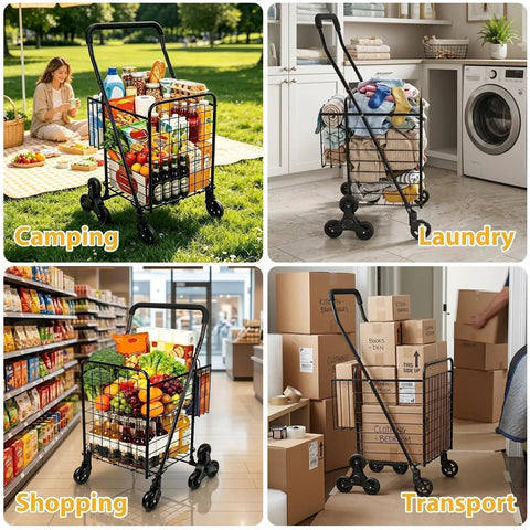 All Terrain Grocery Cart With 360 Degree Swivel Wheels And Stair Climber in various uses: camping, laundry, shopping, transport.