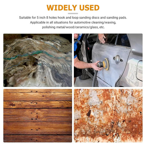 Collage of surfaces polished with Five Pack 5 Inch Soft Density Interface Pads With Eight Hole Design on wood, metal, and auto parts.
