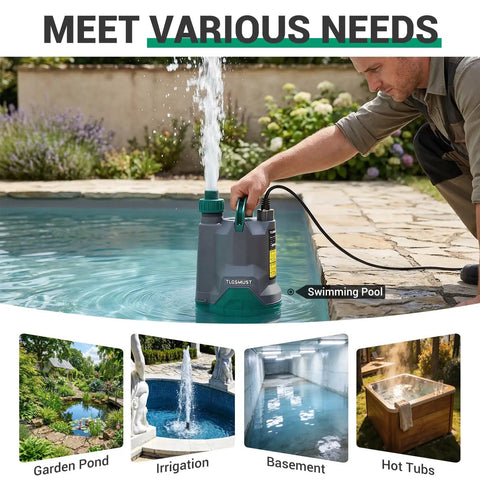 Man using One Third Horsepower Submersible Water Pump With 2450 GPH Flow Portable Electric Utility Pump for pool drainage.