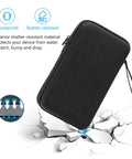 Go To Large Hard Travel Tech Organizer Case For MacBook Chargers Cables USB Drives SD Cards And All Your Electronics Accessories Ultra Durable Portable Gear Case For Power Banks Mice Earbuds And USB Flash Disks, black case demonstrating shockproof feature on cracked surface.