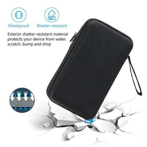 Go To Large Hard Travel Tech Organizer Case For MacBook Chargers Cables USB Drives SD Cards And All Your Electronics Accessories Ultra Durable Portable Gear Case For Power Banks Mice Earbuds And USB Flash Disks, black case demonstrating shockproof feature on cracked surface.