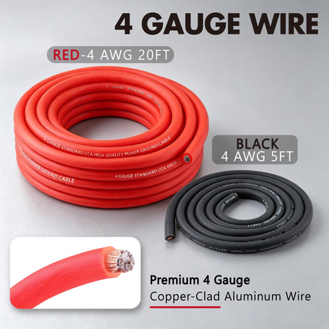 Straight Up 4 Gauge Auto Audio Hook Up Kit With 20 Ft Oxygen Free Copper Power Cable And 8 Gauge Speaker Runs For Dual Subs Includes Heavy Duty Anl Fuse Holder And Quick Install Ground Distribution Block with red and black 4 AWG wires