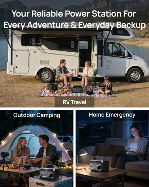 Your Go To Portable Power Station With 60W Solar Panel Included 288Wh LiFePO4 Battery 350W Continuous 600W Peak 7 Port Design Fast Charge pictured during RV travel and outdoor camping.