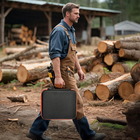 Man carrying Heavy Duty Chainsaw Chain Storage Case Organizer For 6 To 12 Chains And File Kit Accessories in a lumberyard