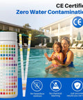 16 In 1 Pool And Spa Water Test Strips 100 Count Super Quick 30 Second Readout for pH Alkalinity Hardness Chlorine Bromine And Heavy Metals With No Sweat Easy Results. Bottle shown in pool setting.