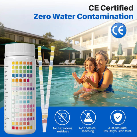 16 In 1 Pool And Spa Water Test Strips 100 Count Super Quick 30 Second Readout for pH Alkalinity Hardness Chlorine Bromine And Heavy Metals With No Sweat Easy Results. Bottle shown in pool setting.