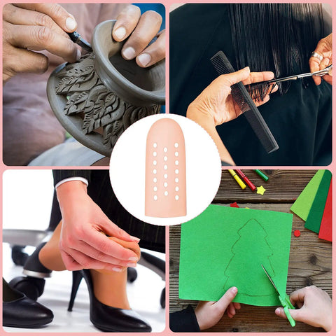 Collage of gel finger cots used for pottery, hair cutting, office work, and crafts. Center image of nude silicone cot.