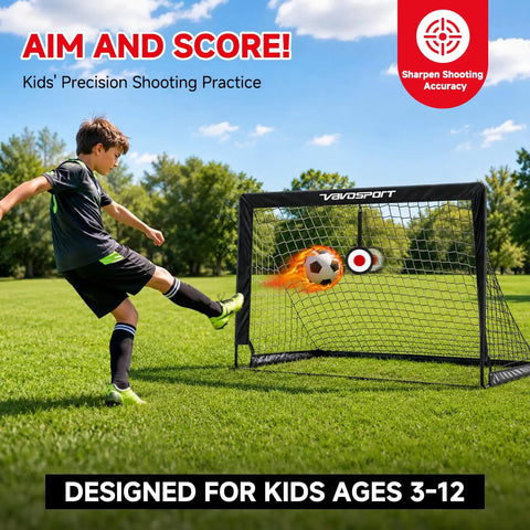 Boy kicking soccer ball into Two Pack 4x3 Feet Kids Soccer Goals For Backyard Portable Pop Up Nets With Targets