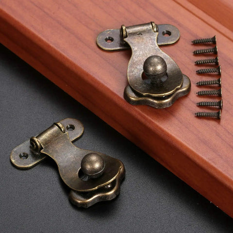 Old-School Antique Metal Hasp Lock Set Of 2 with screws, 35x46mm, on wood surface, Retro Iron Box Hardware, Easy Install, Durable Safety Lock