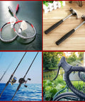 Collage of sports and tools featuring Heavy Duty Heat Shrink Wax Rod Wrap For Fishing Handles And Gear in matte colors.