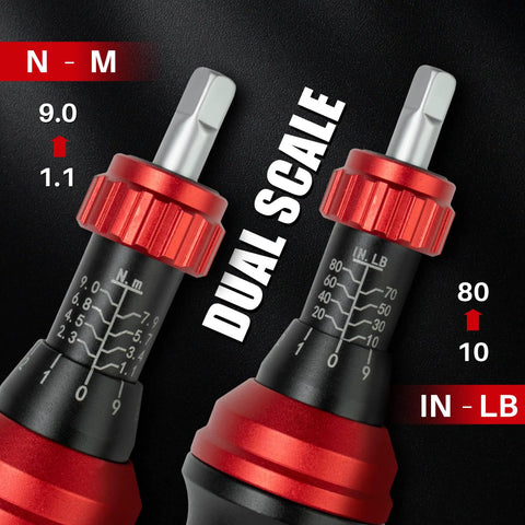 Adjustable Torque Screwdriver Set From Ten To Eighty In Lb With 1/4 Inch Bit Holder and Dual Scale Nm and In-lb Close-up
