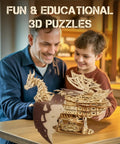 Father and son with 3D Dragon Ship Wooden Puzzle Kit For Adults, 352-Piece Brain Teaser Hobby Model Building Set, wooden dragon ship on table
