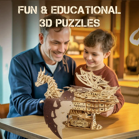 Father and son with 3D Dragon Ship Wooden Puzzle Kit For Adults, 352-Piece Brain Teaser Hobby Model Building Set, wooden dragon ship on table